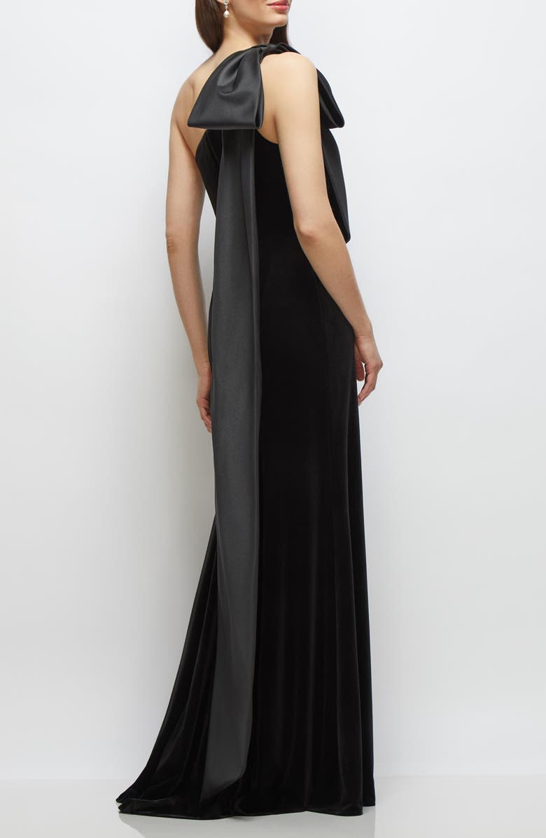After Six Satin Bow One-Shoulder Velvet Mermaid Gown, Alternate, color, Black