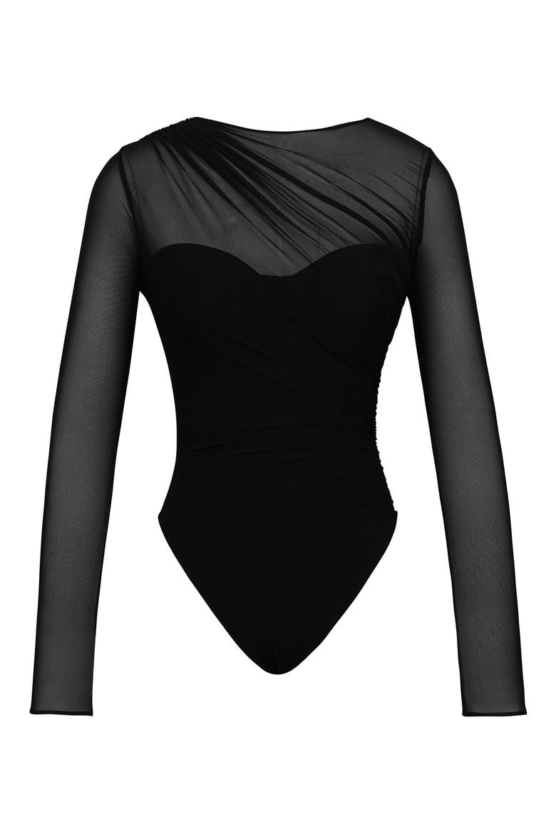 Orelia Draped Mesh Bodysuit, Alternate, color, BLACK