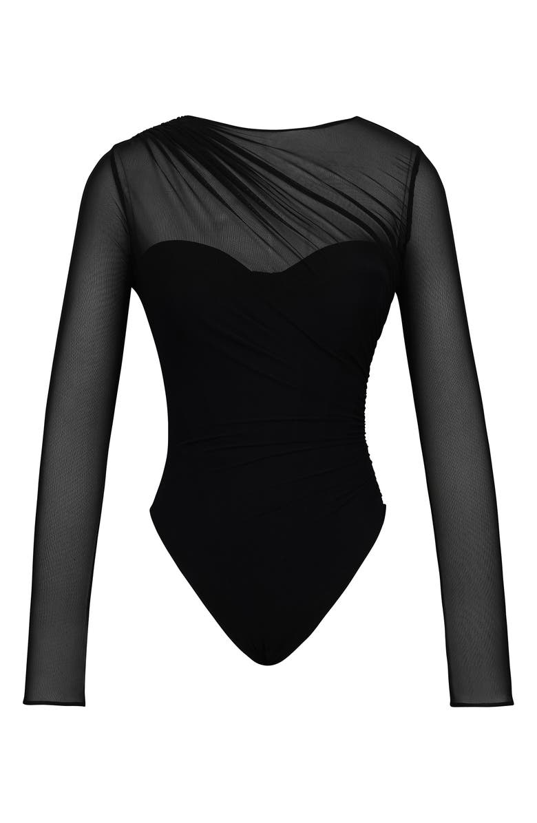 HOUSE OF CB Orelia Draped Mesh Bodysuit, Alternate, color, Black
