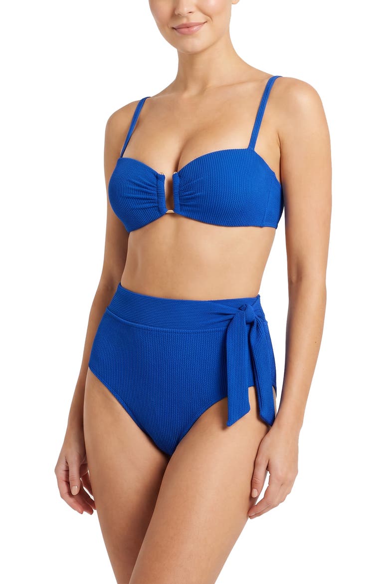 Side Tie High Waist Textured Bikini Bottom with Full Coverage, Alternate, color, Royal Blue Texture