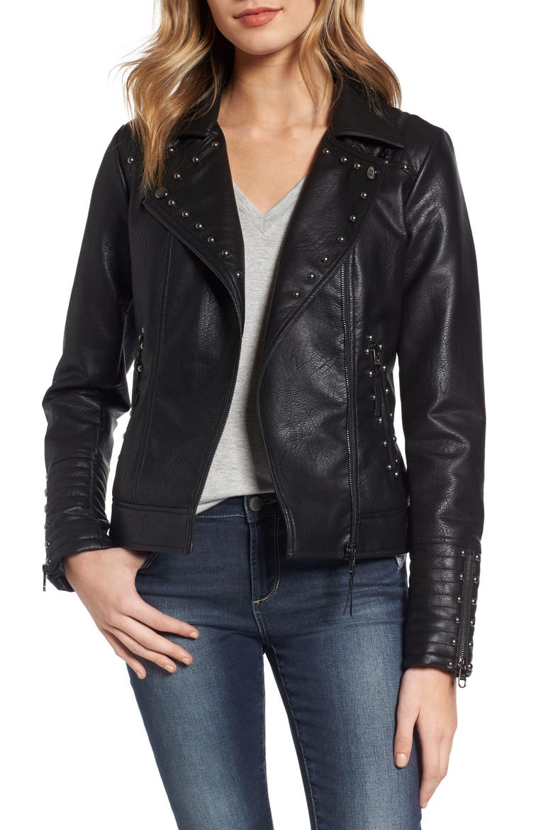 Studded Faux Leather Biker Jacket, Main, color, BLACK