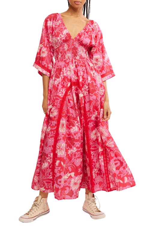 Free People Printed Smocked Waist Maxi Dress In Ruby Combo