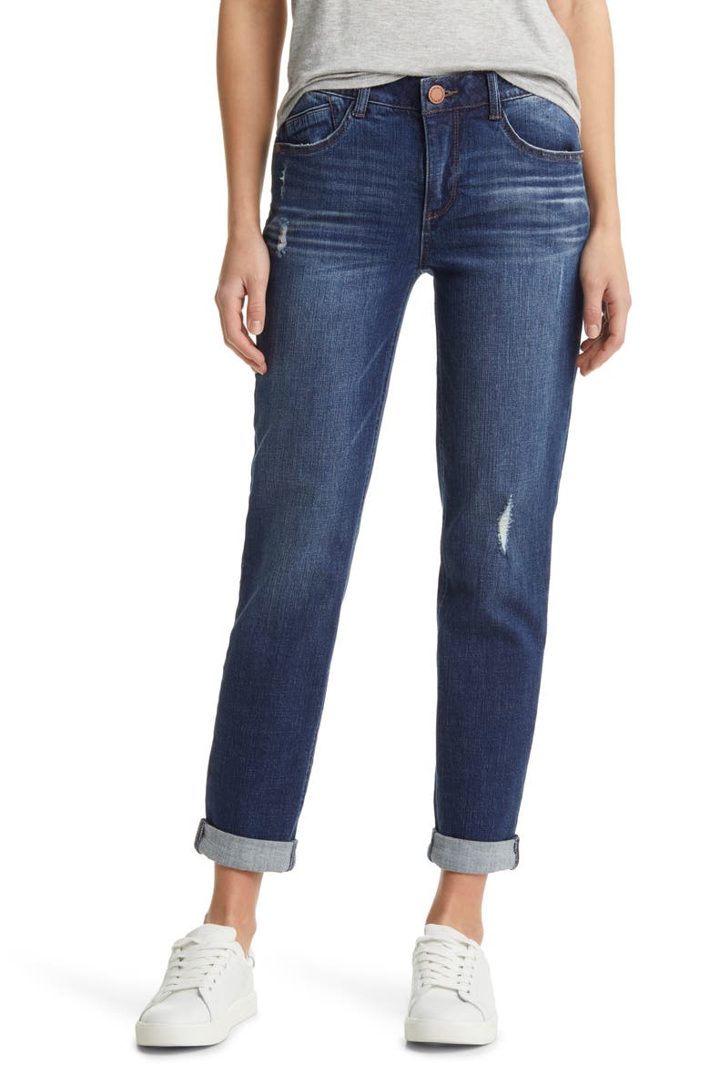 Gemma 'Ab'Solution Distressed Girlfriend Jeans, Main, color, BLUE