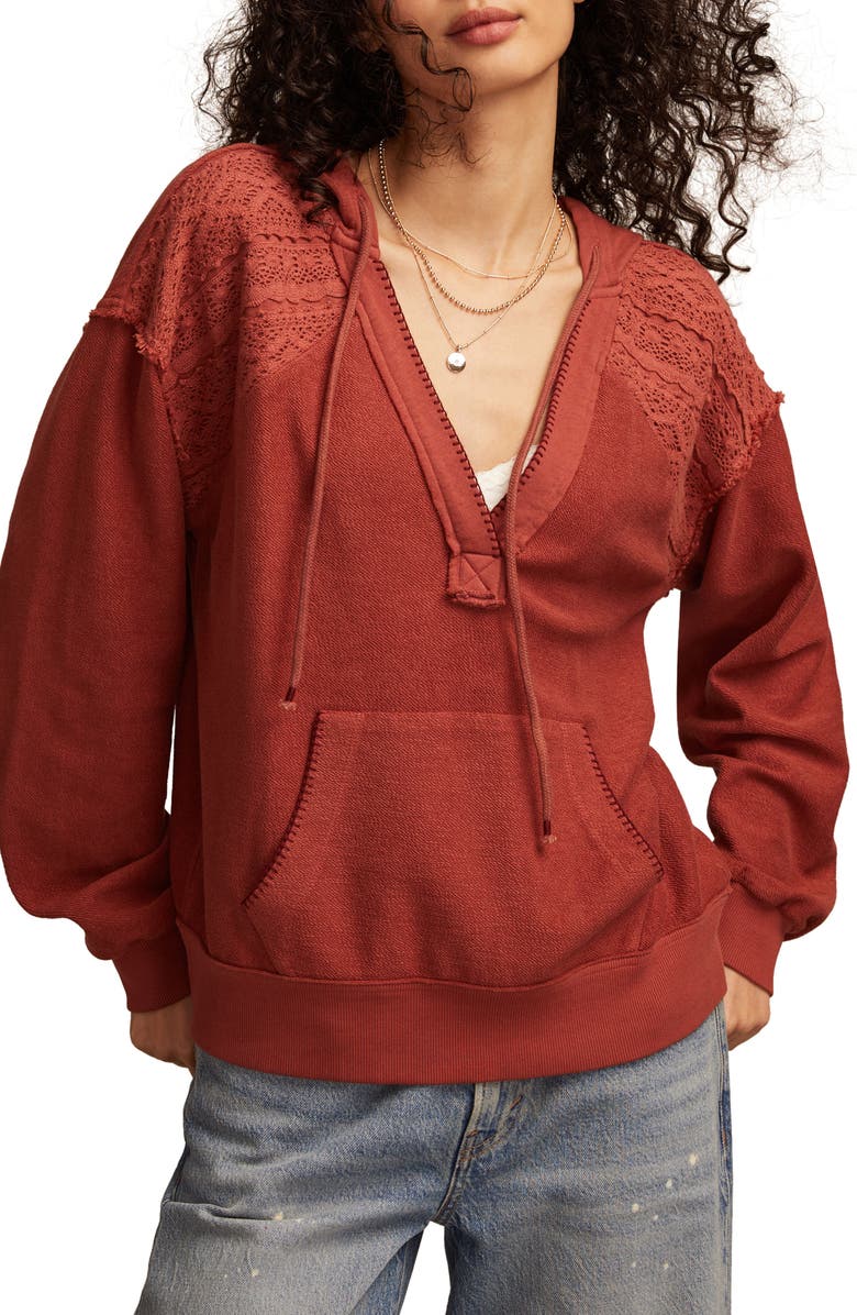 Lucky Brand Lace Baja Cotton Hoodie, Main, color, Mahogany