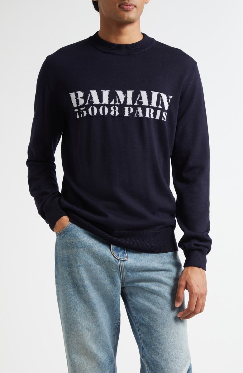 Balmain Stamp Logo Jacquard Merino Wool Sweater, Main, color, Navy/ White