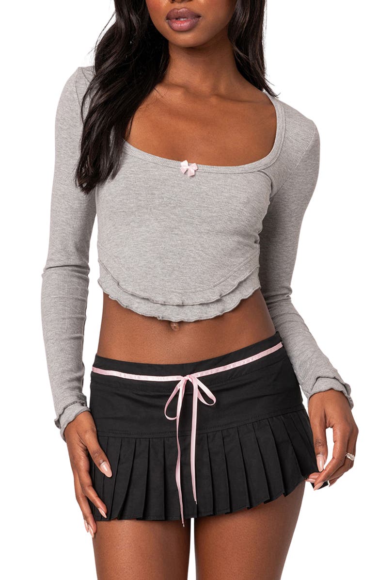 EDIKTED Yara Ruffle Hem Rib Top, Main, color, Gray Melange