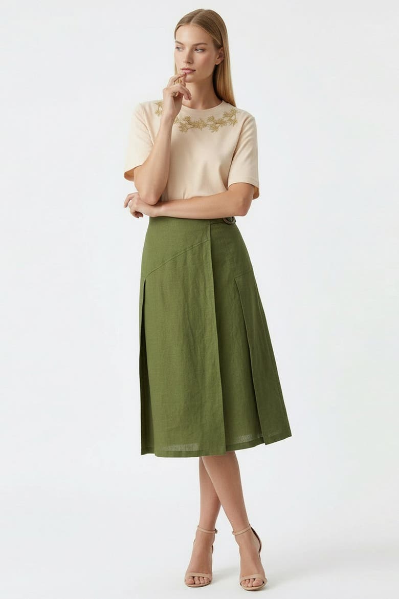 Burnice Buckle Detail Linen Midi Skirt, Main, color, Khaki