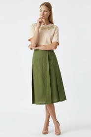 Exquise Burnice Buckle Detail Linen Midi Skirt