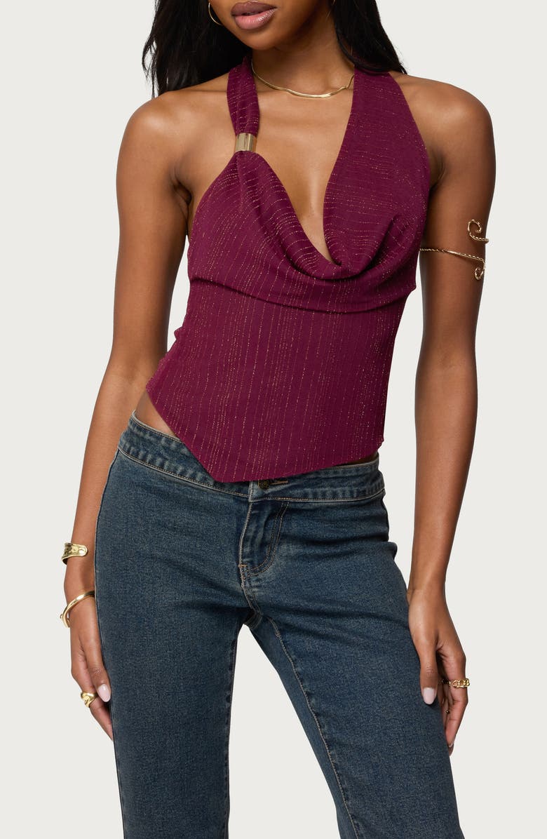 EDIKTED Mimi Textured Mesh Asymmetric Sleeveless Top, Main, color, Burgundy