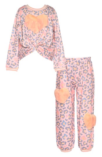 TRULY ME TRULY ME KIDS' FAUX FUR HEART APPLIQUÉS SWEATSHIRT & JOGGERS SET