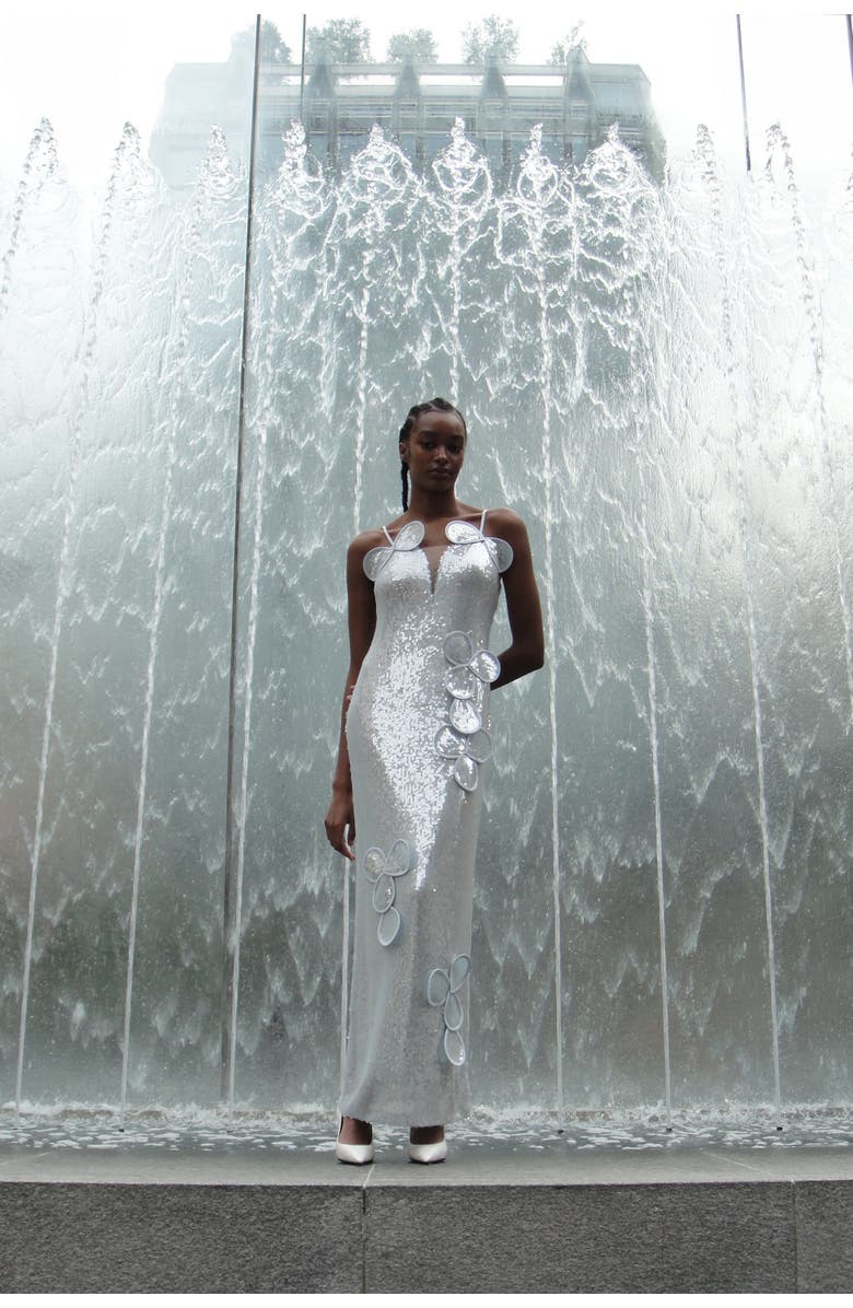 Malva Florea Sequin Maxi Bustier Dress With Floral Appliqus and Layered Petals, Alternate, color, Light Blue