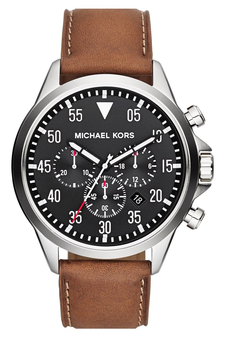 'Gage' Chronograph Leather Strap Watch, 45mm, Main, color, LUGGAGE/ SILVER