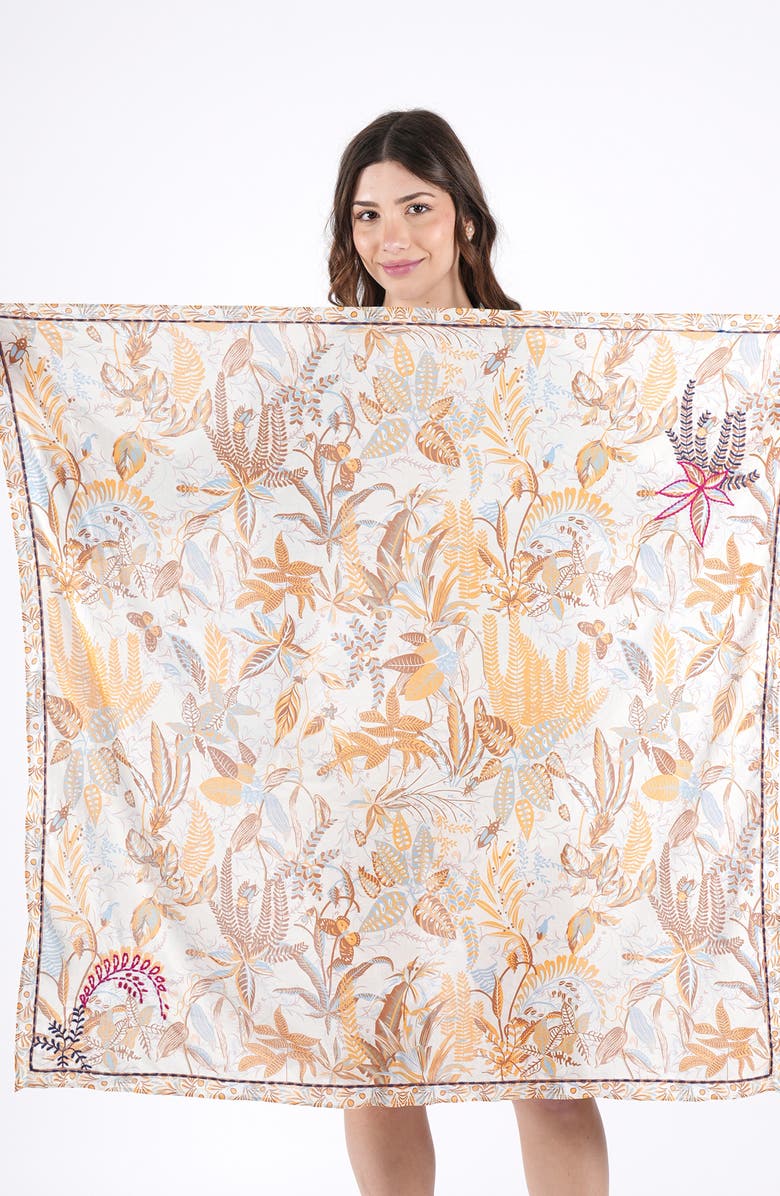 Vismaya Embroidered Floral Print Cotton Scarf, Alternate, color, Yellow