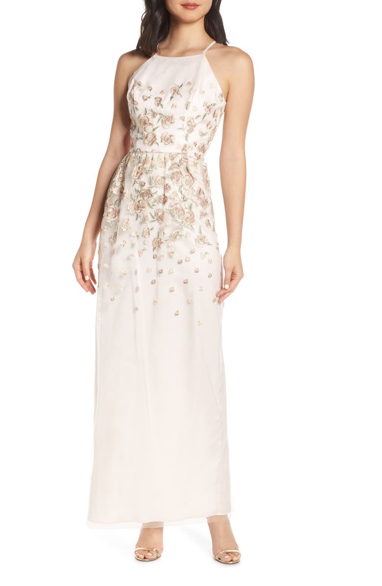 Chi Chi London Madelyn Embroidered Mesh Column Gown, Main, color, 