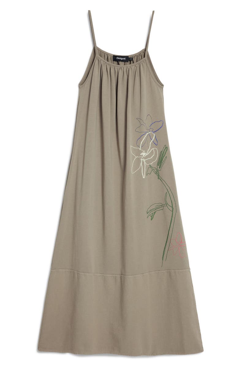 Desigual Floral Embroidered Cotton Midi Dress, Alternate, color, Medium Gray