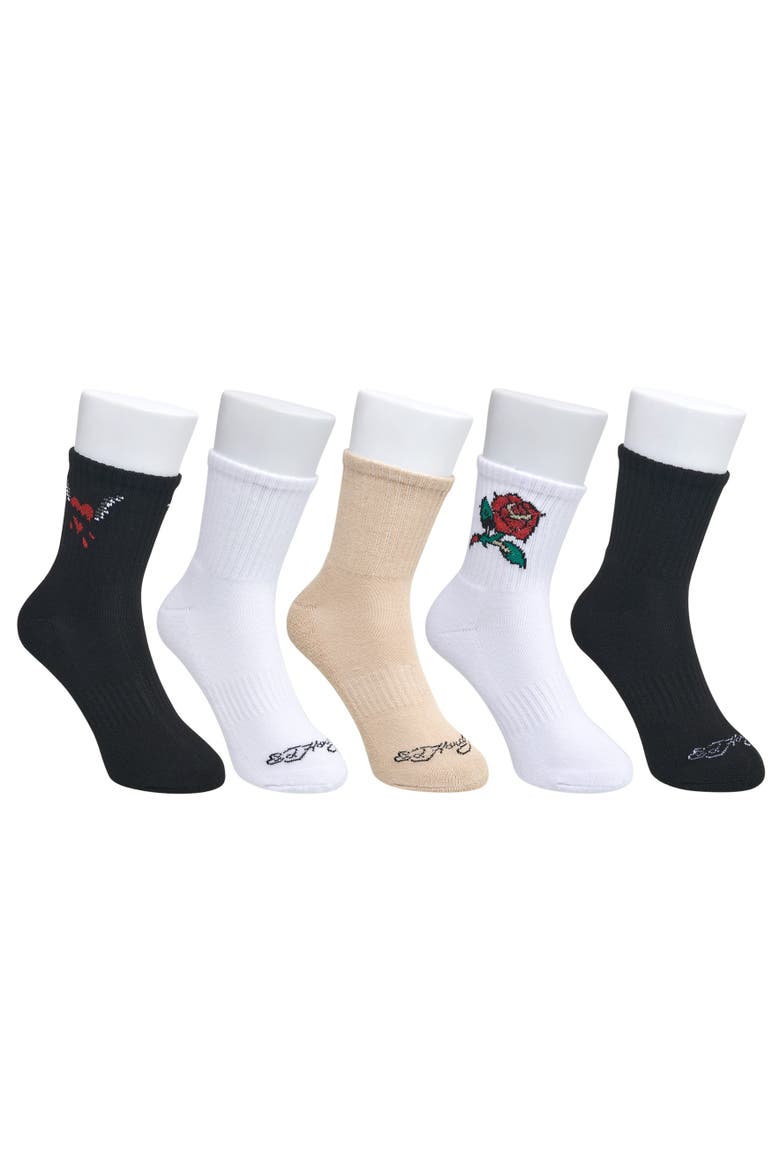 Rose Print Half Cushion Mid Crew Sock 5-Pack, Main, color, White Multi