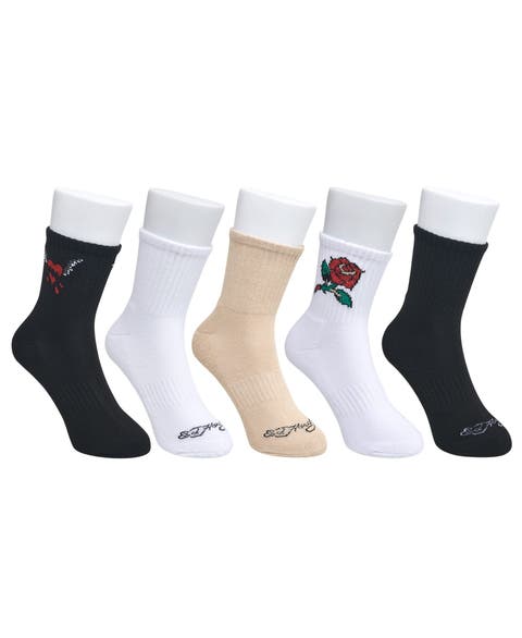 Rose Print Half Cushion Mid Crew Sock 5-Pack
