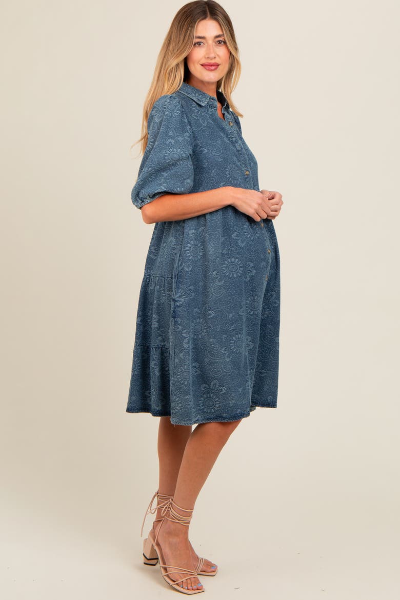 Denim Button Front Short Puff Sleeve Dress, Alternate, color, Blue
