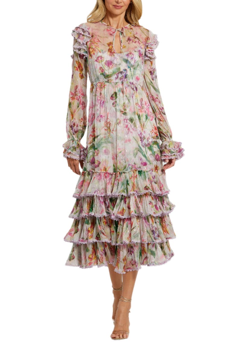 Women's Long Sleeve Ruffle Detail Floral Shift Dress, Main, color, Lilac Multi