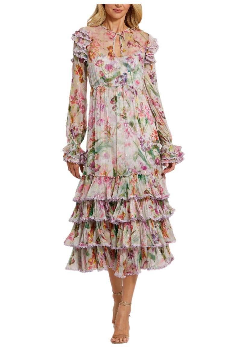 Mac Duggal Women's Long Sleeve Ruffle Detail Floral Shift Dress, Main, color, Lilac Multi