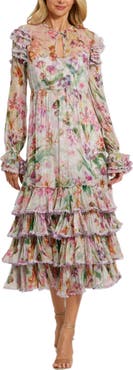 Mac Duggal Women's Long Sleeve Ruffle Detail Floral Shift Dress