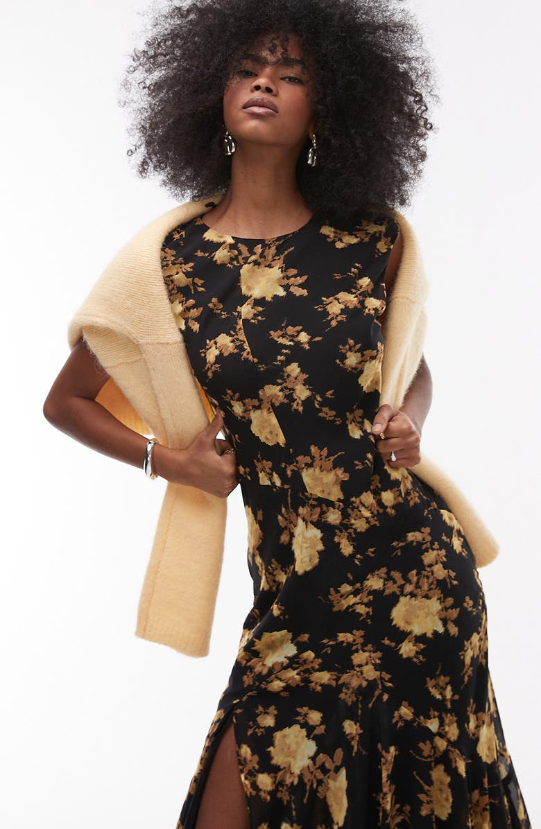 Topshop Floral Godet Hem Midi Dress, Alternate, color, Brown