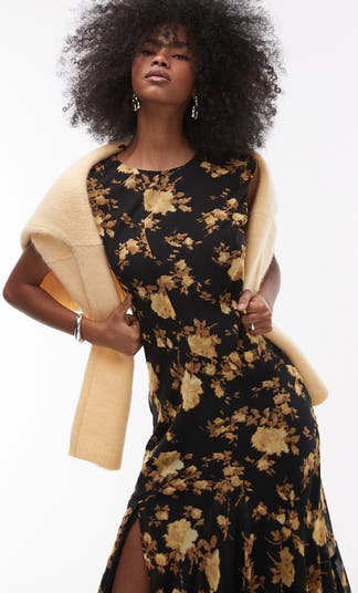 Floral Godet Hem Midi Dress