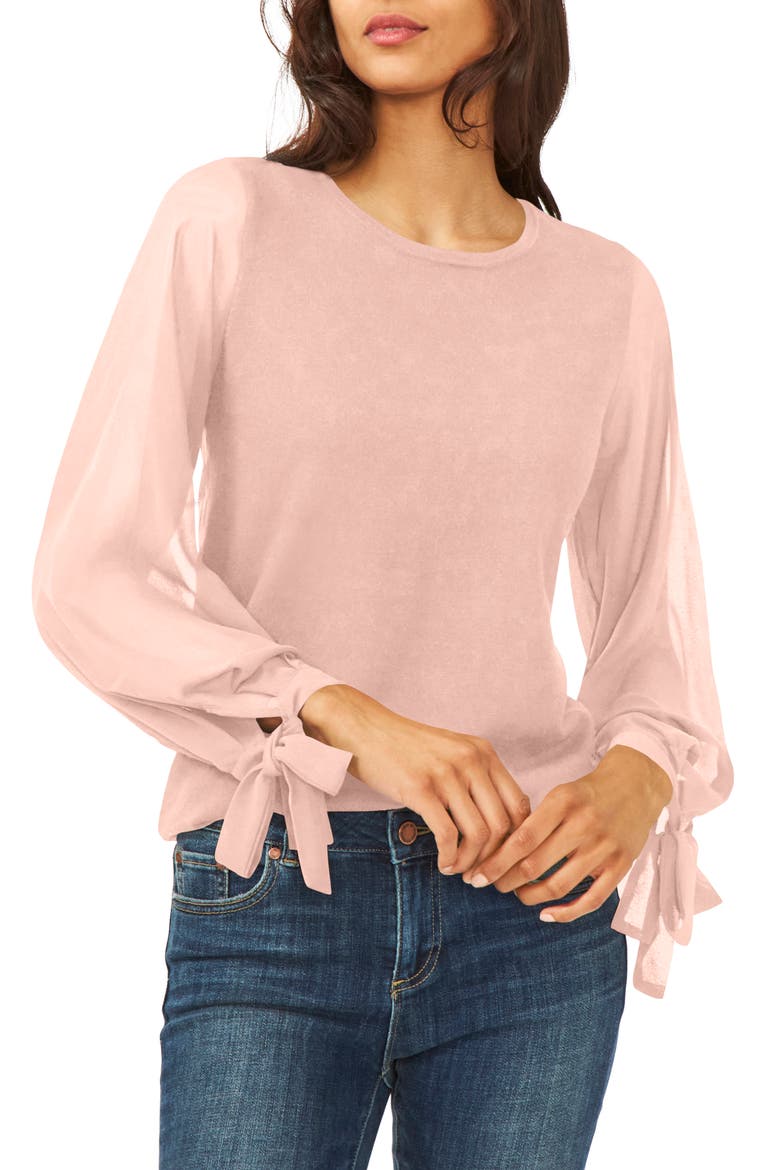 Mixed Media Tie Cuff Top, Main, color, MISTY PINK