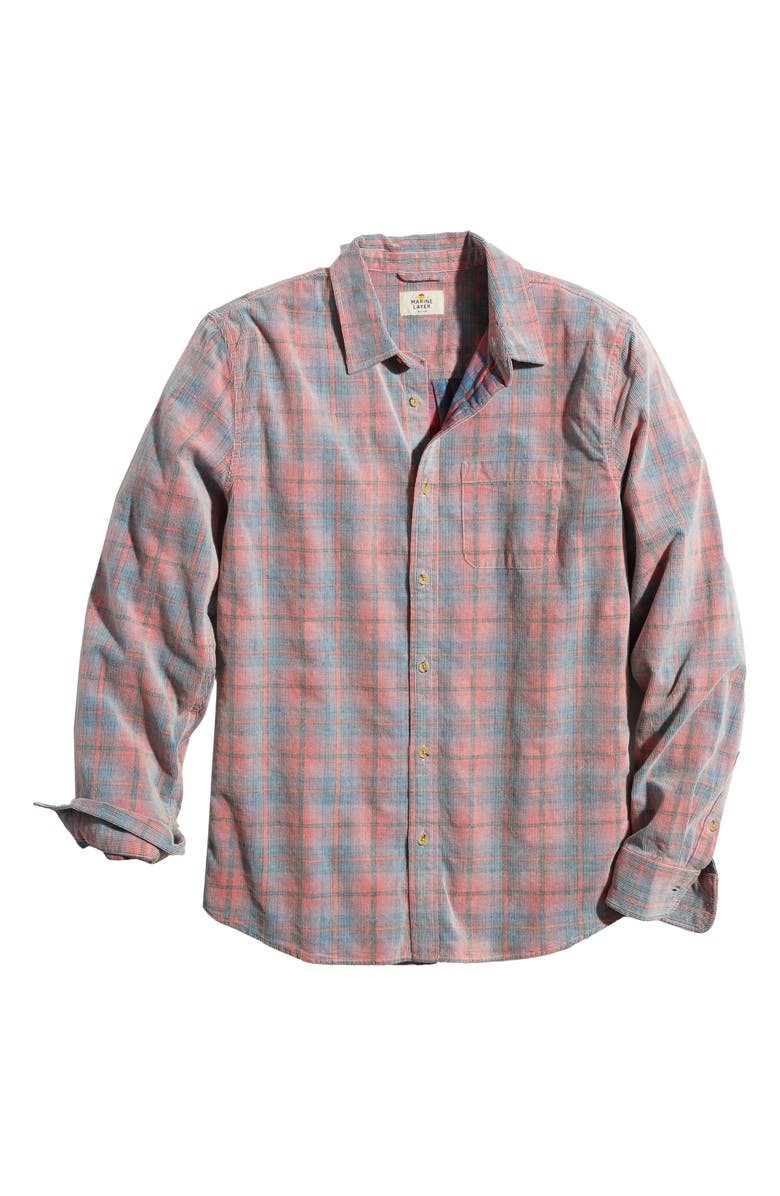 Marine Layer Plaid Lightweight Corduroy Button-Up Shirt, Alternate, color, Blue/ Pink Madras