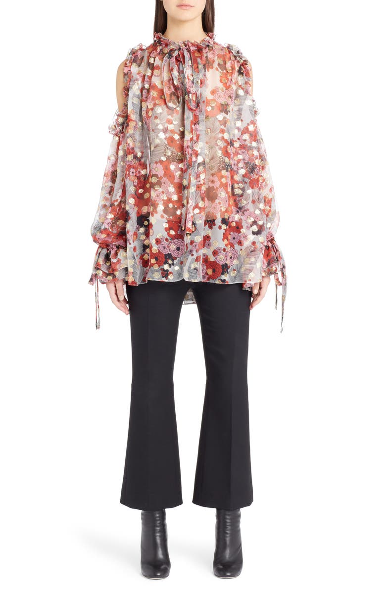 McQueen Alexander McQueen Feather Print Cold Shoulder Blouse, Alternate, color,