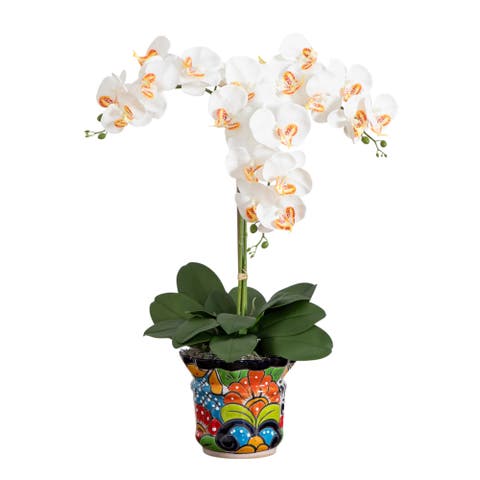 27-in Artificial Triple Orchid Arrangement in Handmade Mexican Talavera Ceramic Planter