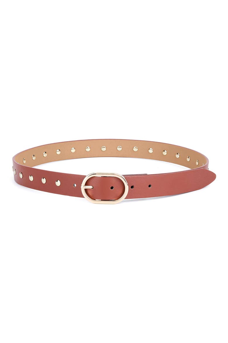 Stud Leather Belt, Main, color, COGNAC