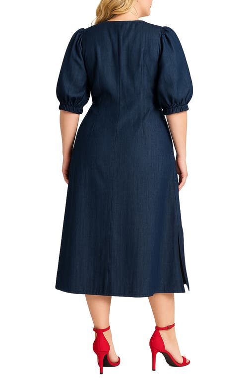 Standards & Practices Lace Up Puff Sleeve Denim Midi Dress In Blue