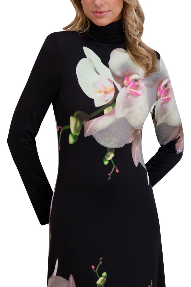 Placed Floral Turtleneck Long Sleeve Maxi Dress, Alternate, color, RICH BLACK
