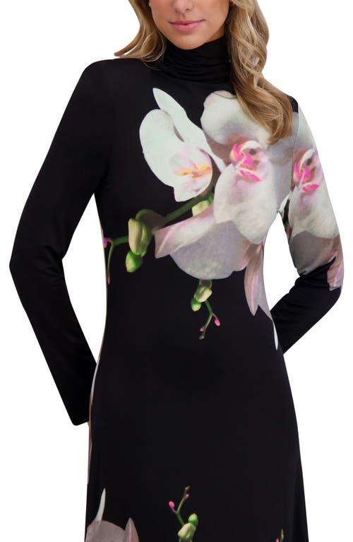 Ted Baker Placed Floral Turtleneck Long Sleeve Maxi Dress In Black