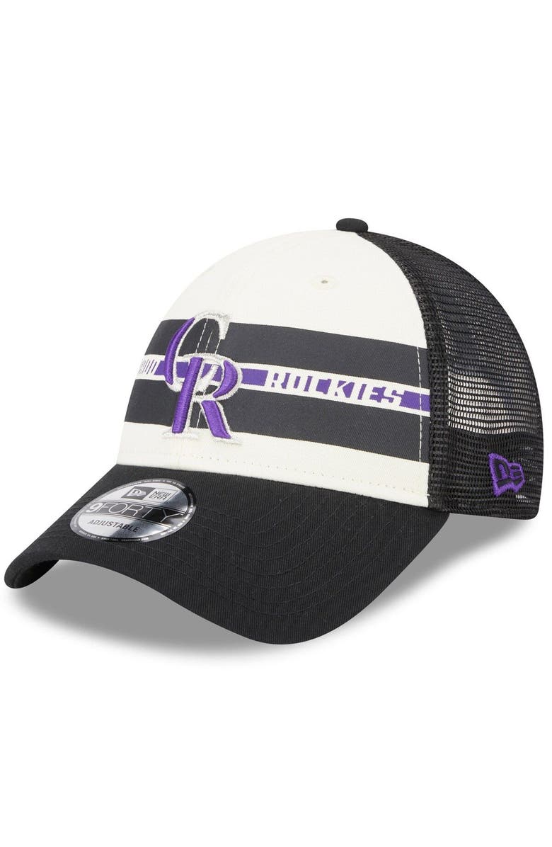 New Era Men's New Era White/Black Colorado Rockies Team Stripe Trucker 9FORTY Snapback Hat, Main, color, 
