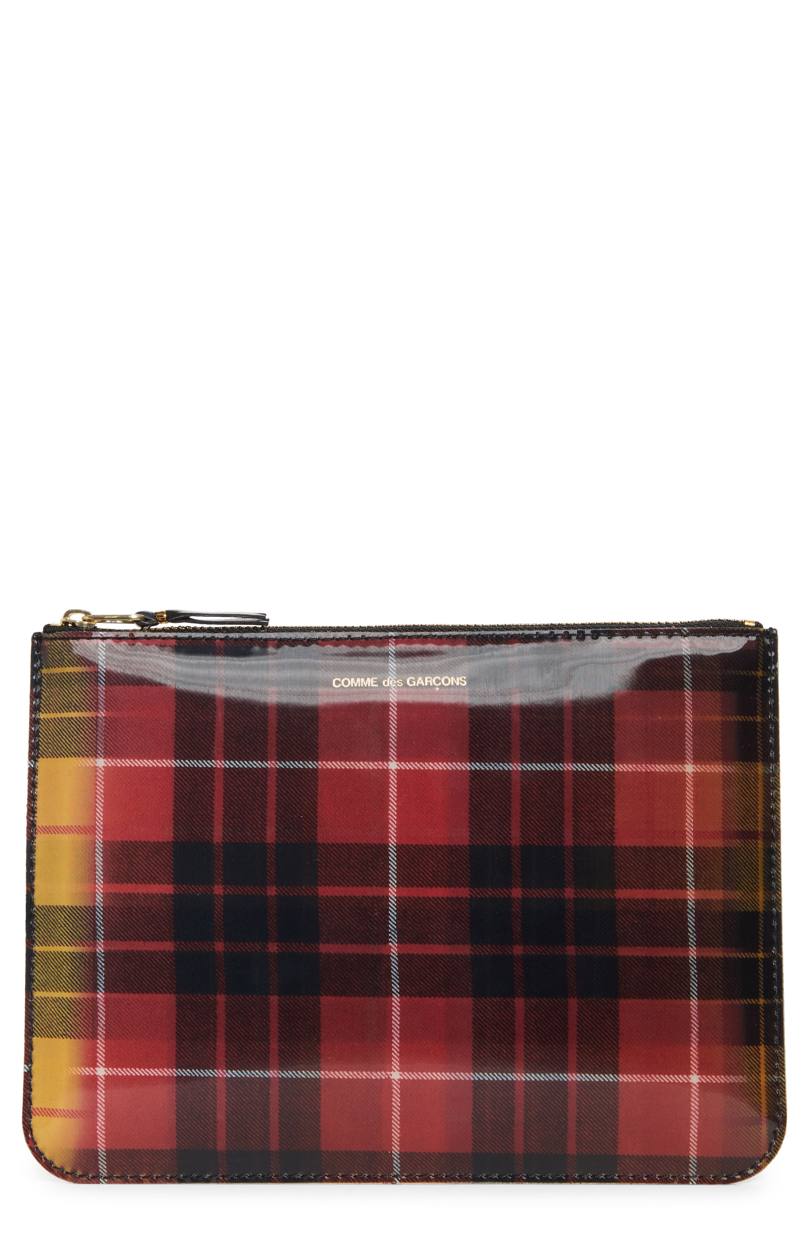 Comme des Garçons Wallets Large Lenticular Tartan Coated Leather Zip Pouch, Main, color, Red/ Yellow