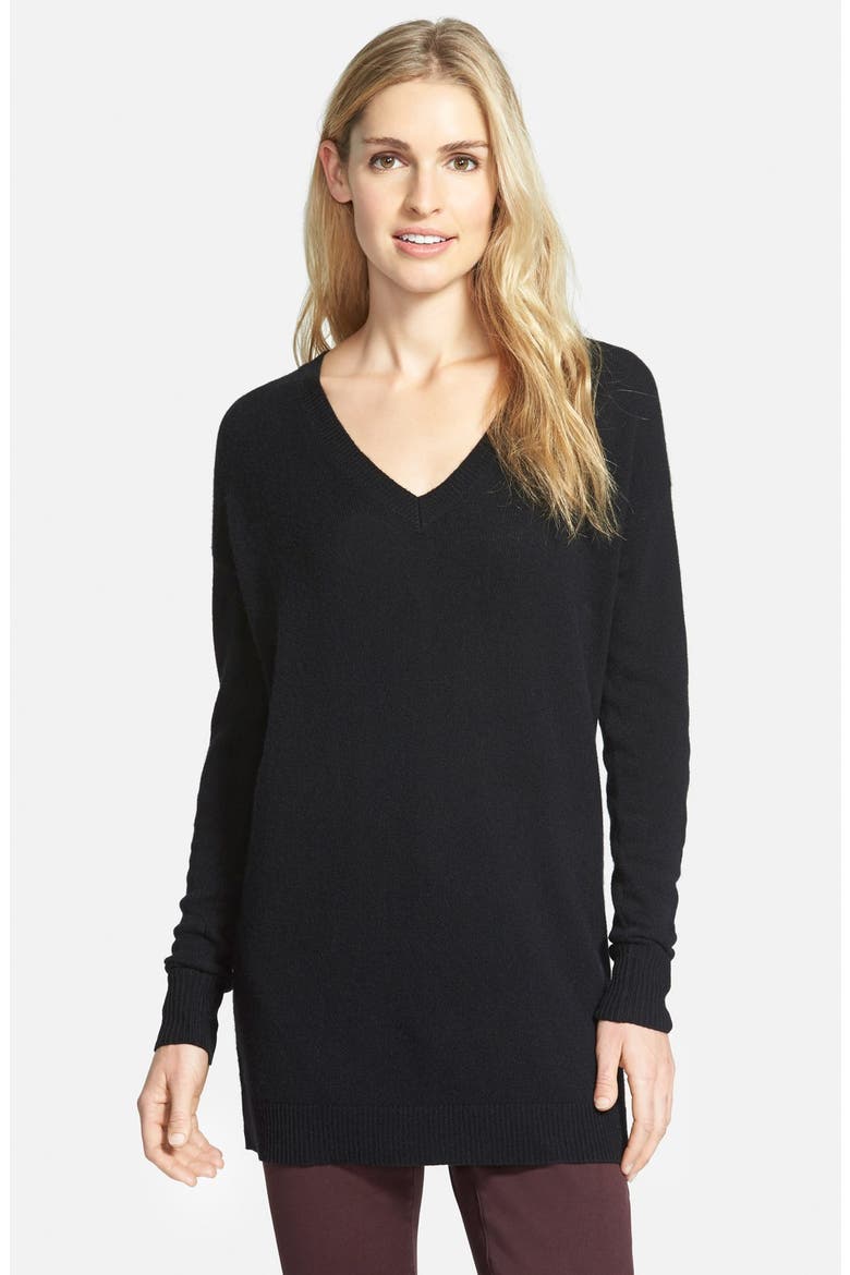 V-Neck Cashmere Tunic Sweater, Alternate, color, BLACK