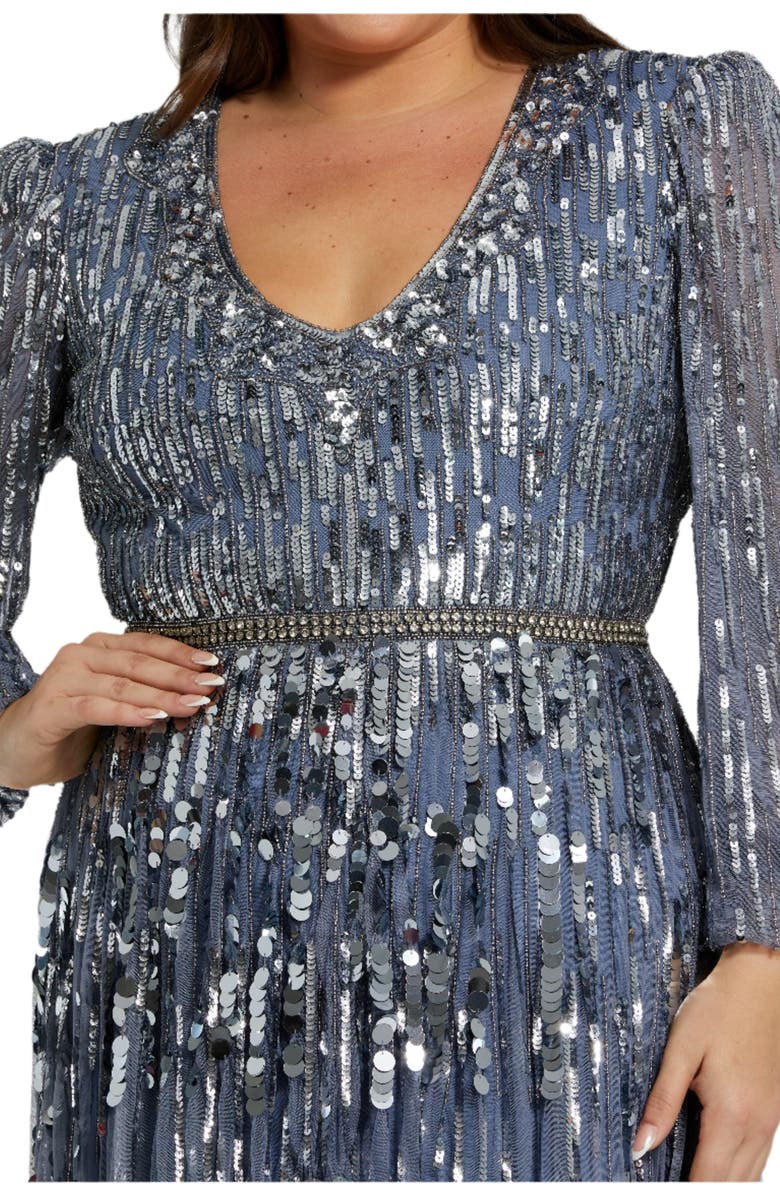 Mac Duggal Long Sleeve Beaded Crystal Deep V Neckline Gown, Alternate, color, Slate Blue