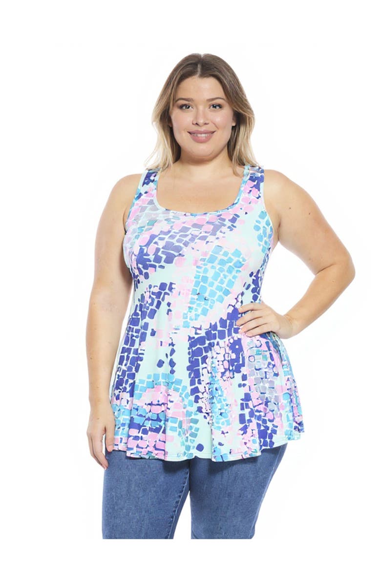 Plus Size Abstract Scoop Neck Tunic Tank Top, Main, color, Blue Multi