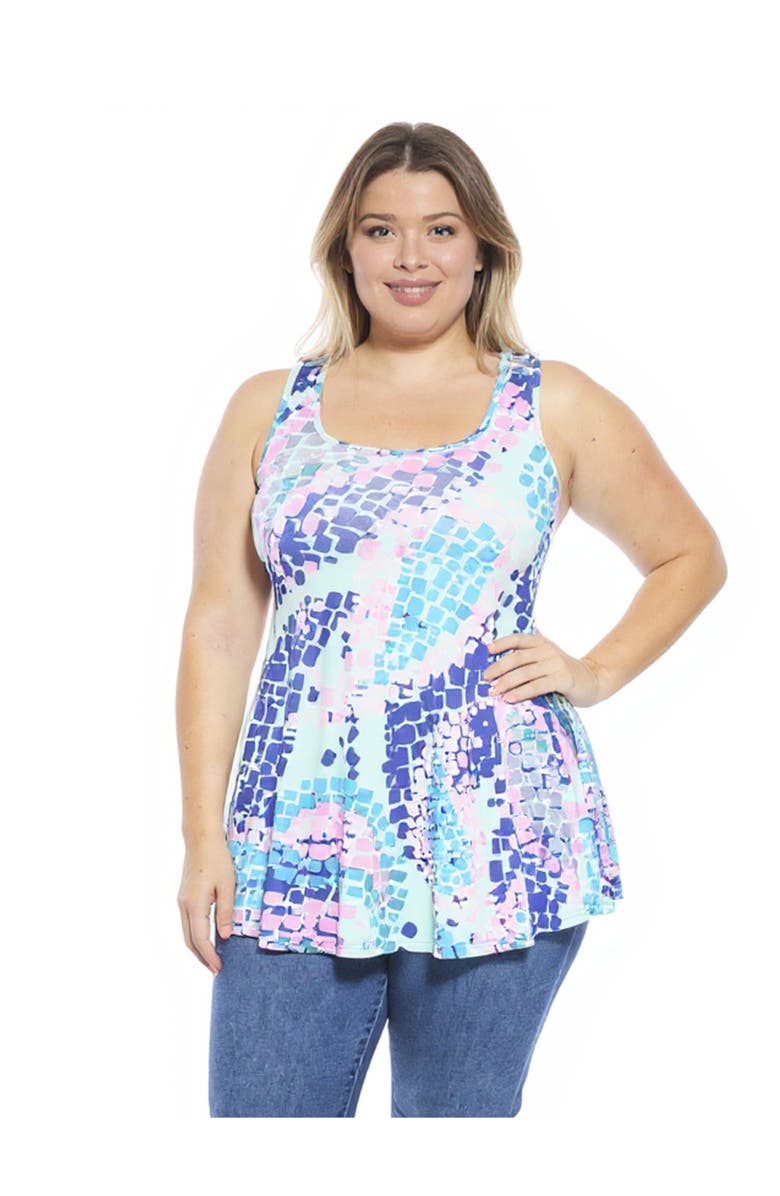24seven Comfort Apparel Plus Size Abstract Scoop Neck Tunic Tank Top, Main, color, Blue Multi