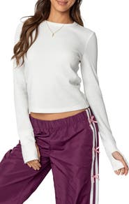 EDIKTED Waffle Knit Long Sleeve Crop T-Shirt