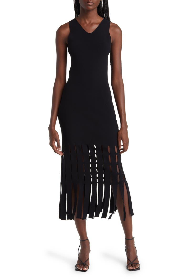 Kaia Fringe Detail Knit Midi Dress, Main, color, BLACK