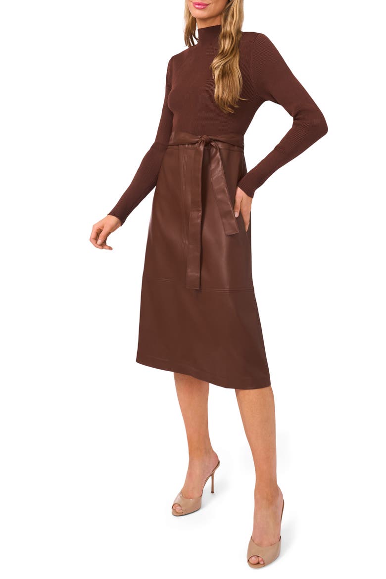 Mixed Media Long Sleeve Dress, Main, color, COCOA