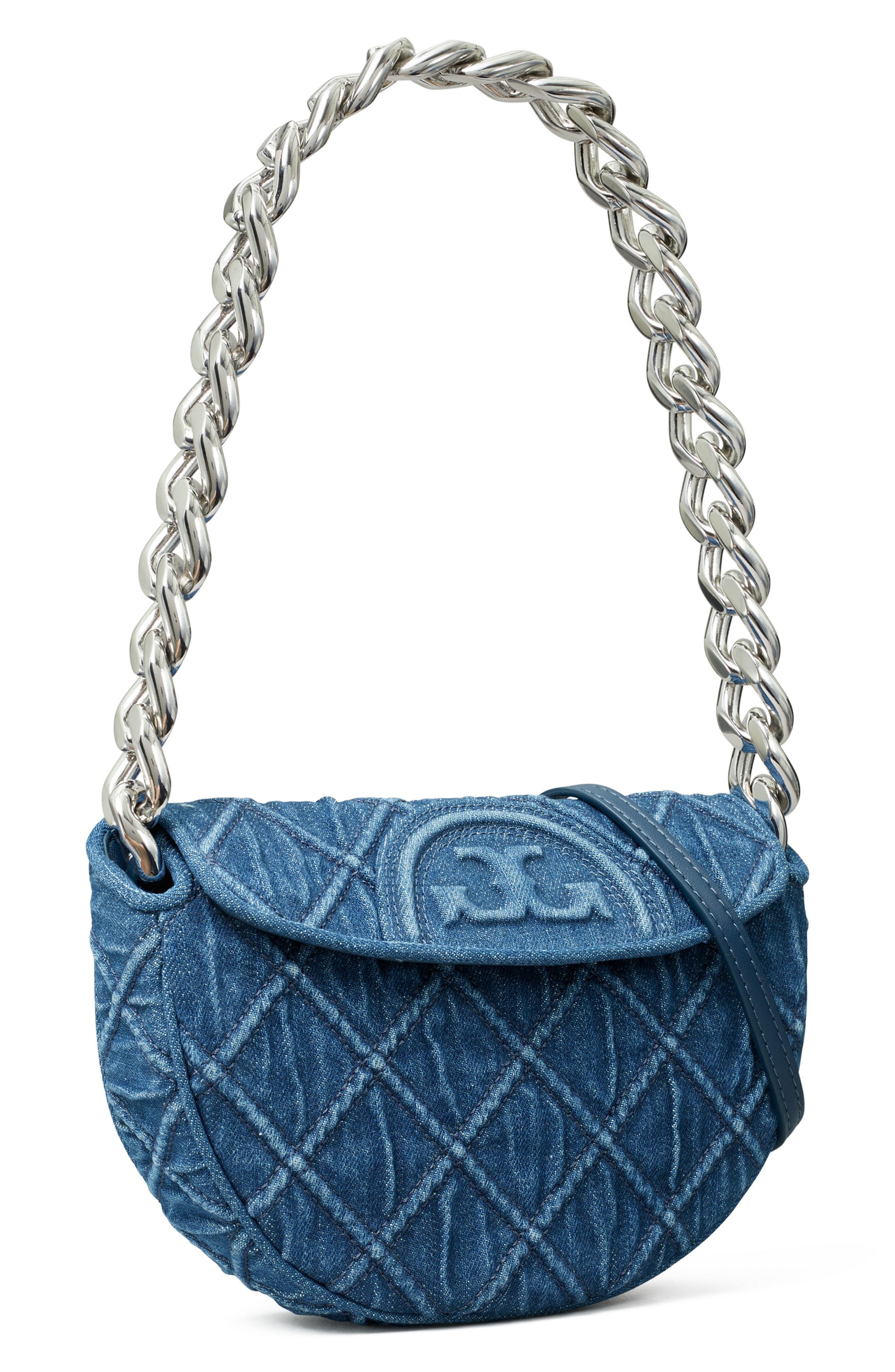 Tory Burch Mini Fleming Soft Denim Crescent Bag, Alternate, color, 