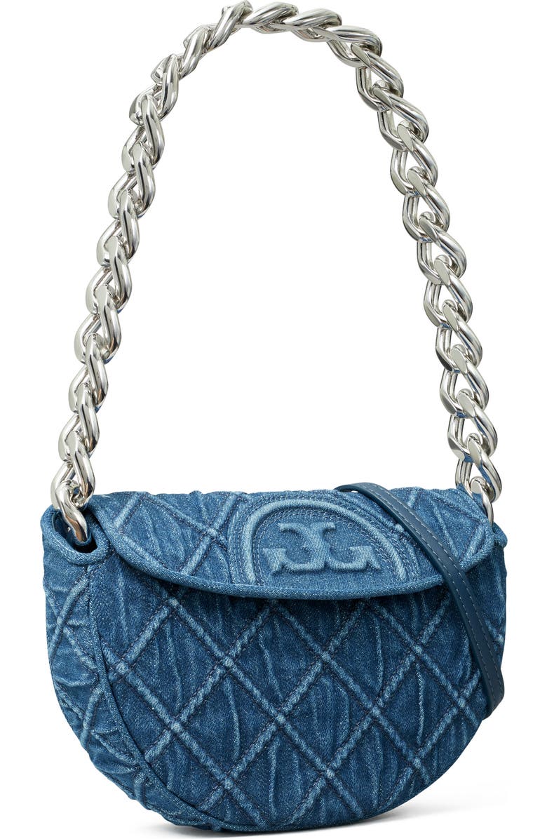 Tory Burch Mini Fleming Soft Denim Crescent Bag, Alternate, color,
