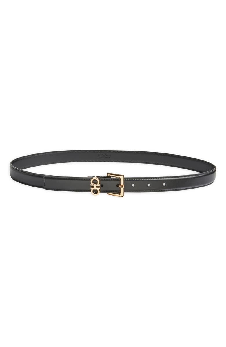 FERRAGAMO Slim Double Gancio Leather Belt, Main, color, Nero