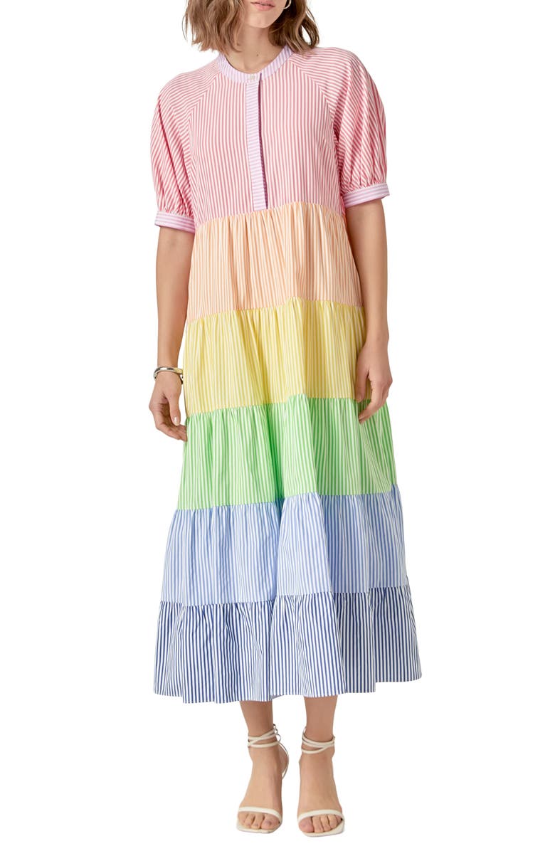 English Factory Stripe Colorblock Tiered Cotton Blend Dress, Main, color, Multi
