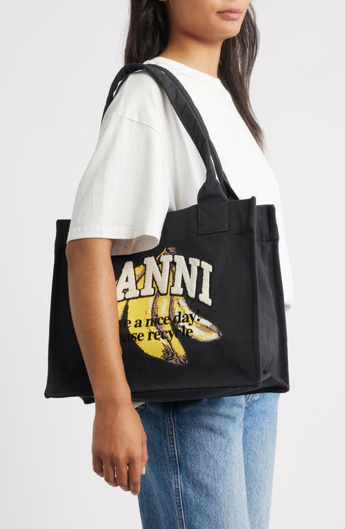 Ganni Banana Print Large Tote Bag With Structured Shape In Black