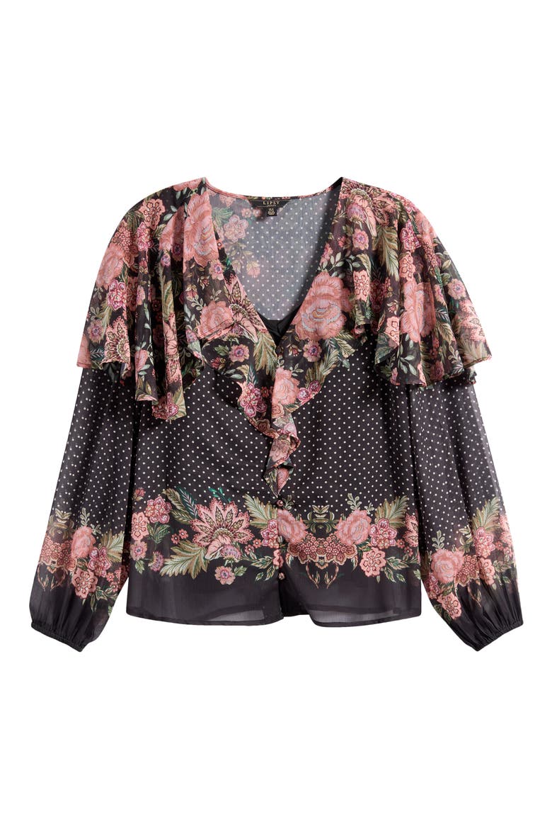 Floral Print Ruffle Top, Alternate, color, BLACK